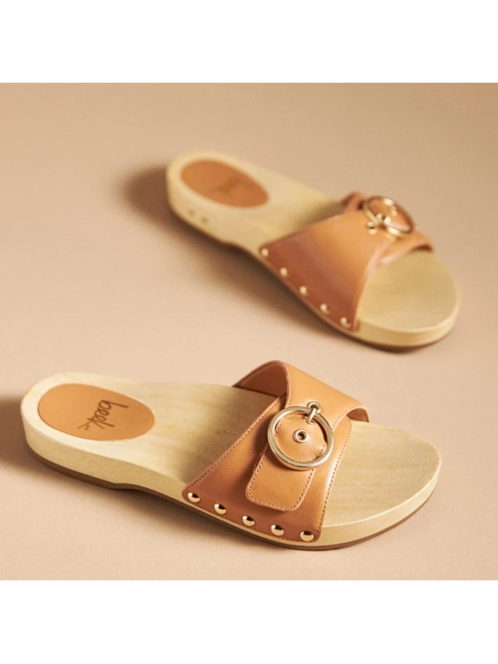 beek Tan Leather Slide Clogs with Gold Ring